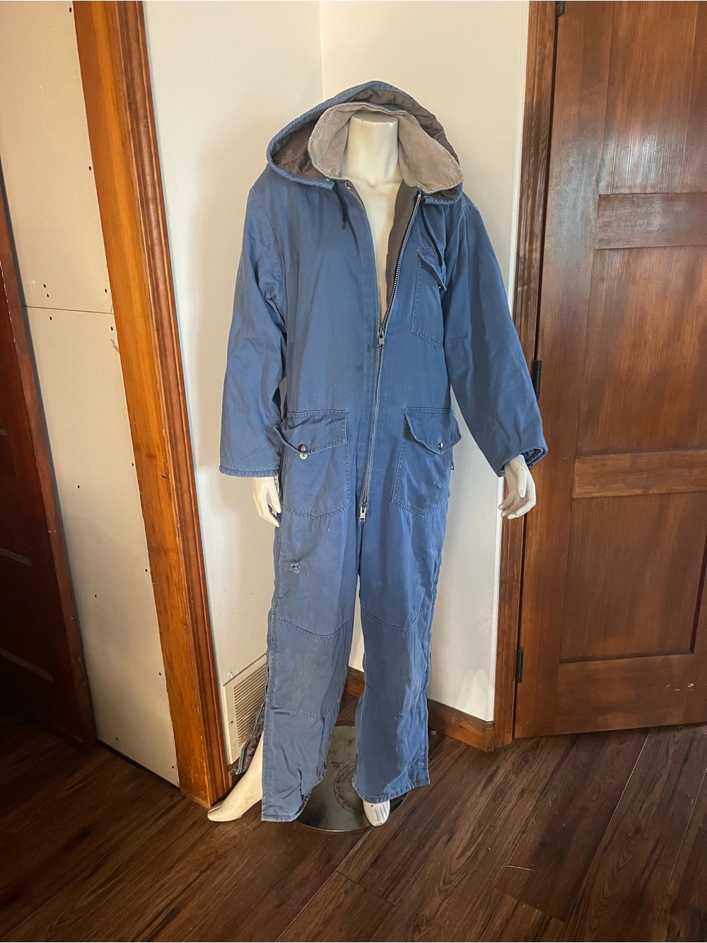 UNISEX - Vintage - Hooded Men's Blue Full-Zip Coverall Jacket